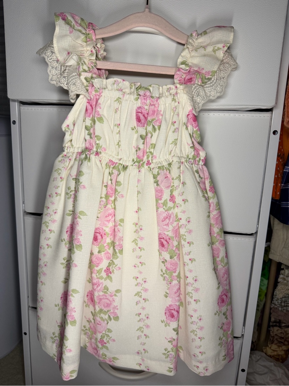 Bonnie Baby Cream Dress with Pink Rose Print and Lace Ruffles